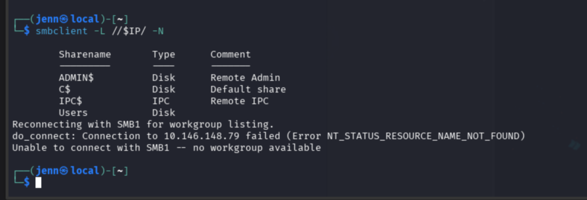 smbclient -L listing available shares including Users, IPC$, and ADMIN$
